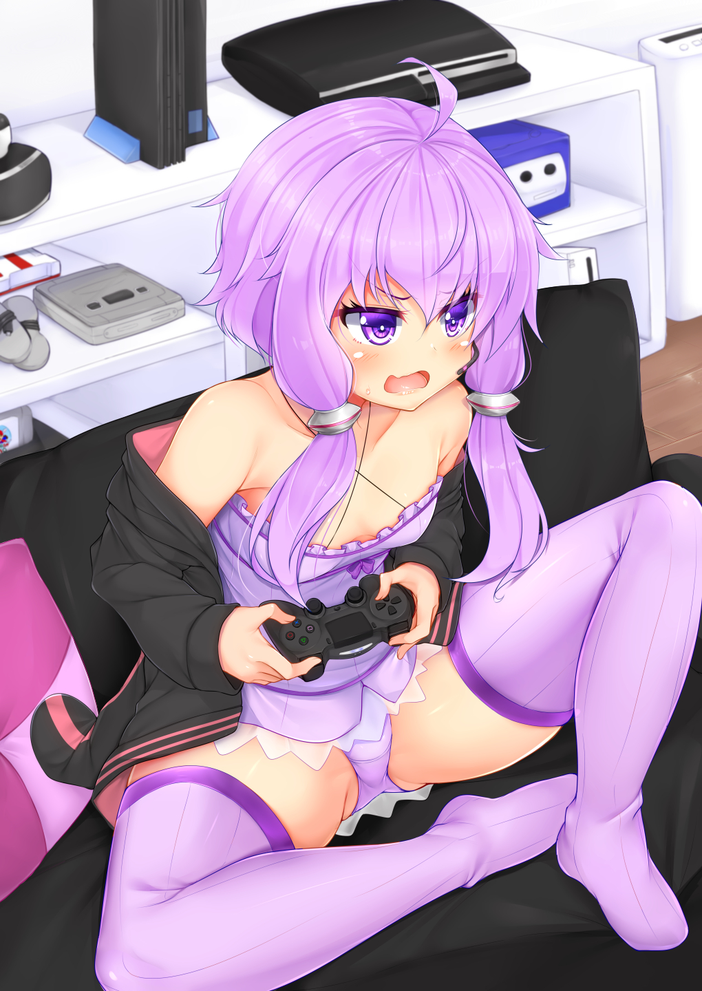 :d ahoge animal_hood ass_visible_through_thighs bangs bare_shoulders black_hoodie blush bow breasts bright_pupils bunny_hood card cleavage collarbone controller couch criss-cross_halter dress dualshock game_console game_controller gamecube gamepad halterneck highres hood hoodie indoors large_breasts lips long_sleeves mario_(series) nintendo_64 no_shoes off_shoulder on_couch open_clothes open_hoodie open_mouth panties pantyshot pantyshot_(sitting) pillow pink_dress pink_hair pink_legwear pink_panties playing_card playstation_3 playstation_4 purple_bow purple_eyes shelf shiny shiny_hair shiny_skin short_dress short_hair_with_long_locks sidelocks sitting small_breasts smile solo spread_legs super_famicom super_famicom_gamepad super_mario_64 super_mario_bros. sweat thighhighs tokoya_(ex-hetare) tsurime underwear v-shaped_eyebrows vocaloid voiceroid wii wooden_floor yuzuki_yukari