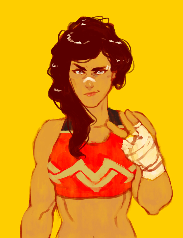 arthur_asa bandaged_hands bandages blue_eyes commentary dc_comics diana_prince justice_league midriff muscle muscular_female tied_hair wonder_woman