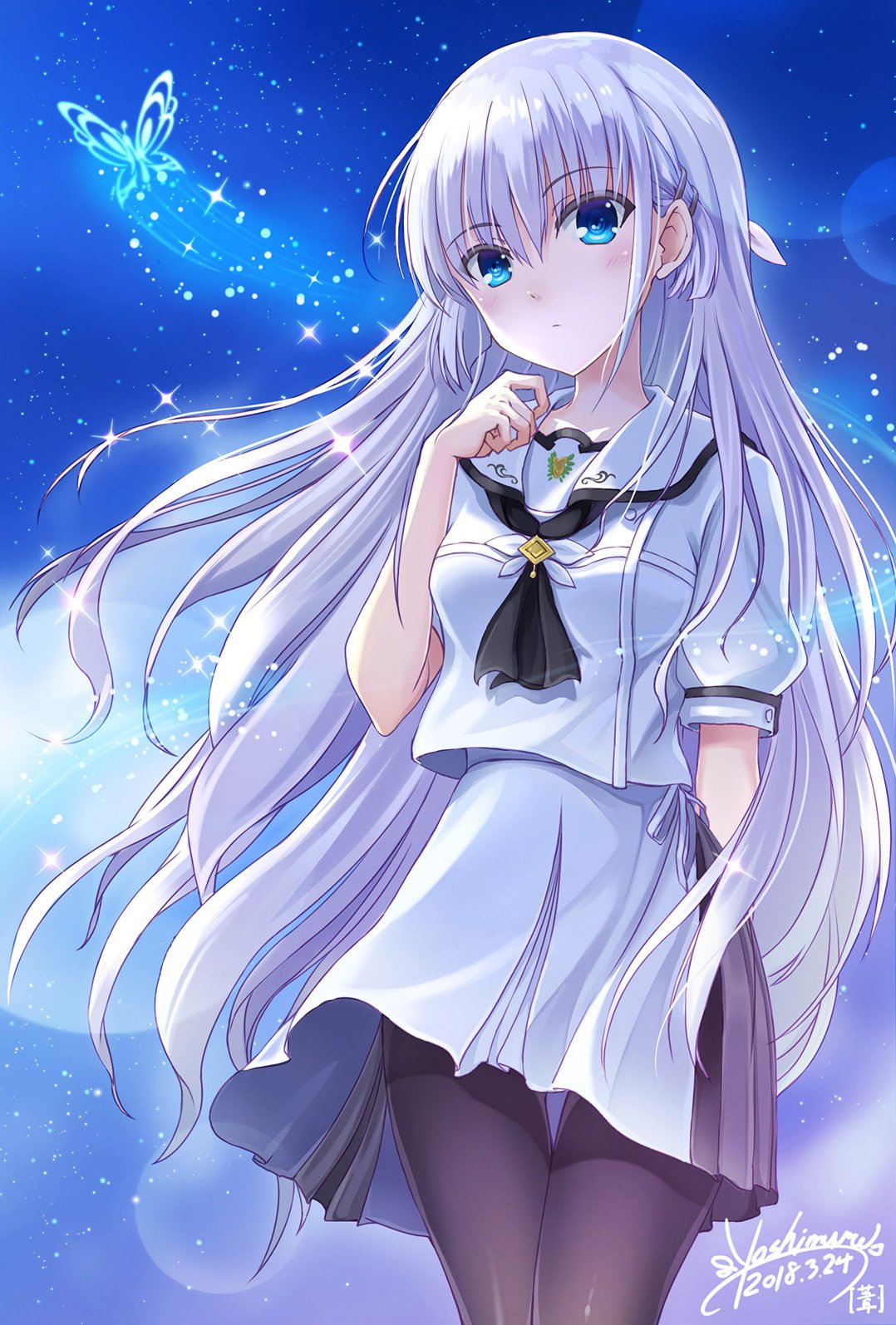 arm_behind_back arm_up black_legwear blue_eyes bug butterfly expressionless hair_ornament hairclip hand_on_own_chest highres insect long_hair naruse_shiroha night night_sky pantyhose school_uniform serafuku shirt silver_hair skirt sky solo sparkle star_(sky) summer_pockets tazu thigh_gap white_shirt white_skirt wind wind_lift