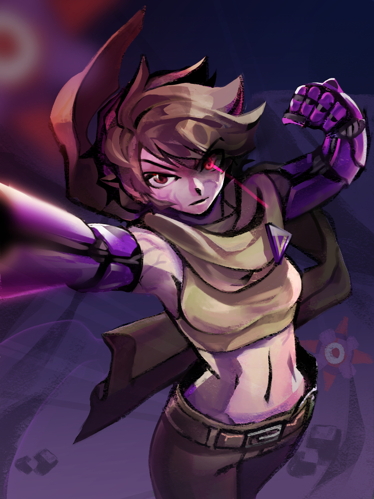 agent_black belt brown_eyes brown_hair commentary_request cowboy_shot glowing glowing_eye mechanical_arms midriff pants scarf solo spoiler_check spoilers tank_top the_iconoclasts tsukunegi_(mine-strone) veins