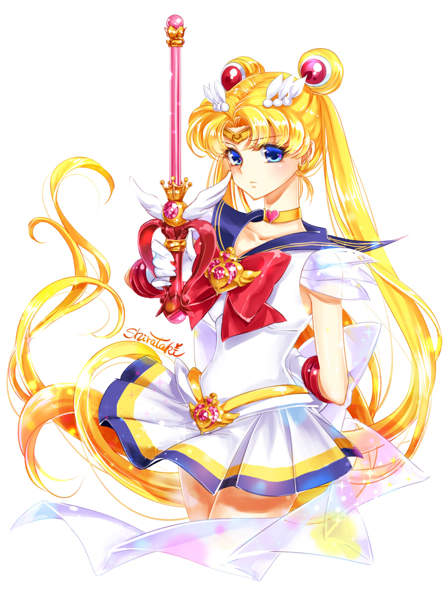 arm_behind_back bangs bishoujo_senshi_sailor_moon blonde_hair blue_eyes blue_sailor_collar bow brooch choker circlet cowboy_shot double_bun elbow_gloves expressionless gloves hair_ornament hairpin heart heart_choker highres holding holding_wand jewelry kaleidomoon_scope long_hair looking_at_viewer magical_girl multicolored multicolored_clothes multicolored_skirt parted_bangs pleated_skirt red_bow sailor_collar sailor_moon sailor_senshi_uniform see-through shirataki_kaiseki signature simple_background skirt solo super_sailor_moon tsukino_usagi twintails wand white_background white_gloves yellow_neckwear