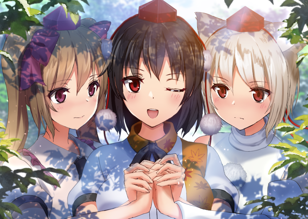 ;d animal_ears bangs bare_shoulders black_hair black_neckwear black_ribbon blush breasts brown_hair closed_mouth dappled_sunlight day dress eyebrows_visible_through_hair frilled_shirt_collar frills hat himekaidou_hatate holding_hands interlocked_fingers inubashiri_momiji leaf light_smile long_hair looking_back medium_breasts mikomiko_(mikomikosu) multiple_girls neck_ribbon necktie one_eye_closed open_mouth outdoors pom_pom_(clothes) puffy_short_sleeves puffy_sleeves purple_eyes purple_hat purple_ribbon red_eyes red_hat ribbon round_teeth shade shameimaru_aya short_sleeves silver_hair sleeveless smile sunlight teeth tokin_hat touhou twintails upper_body white_dress wolf_ears