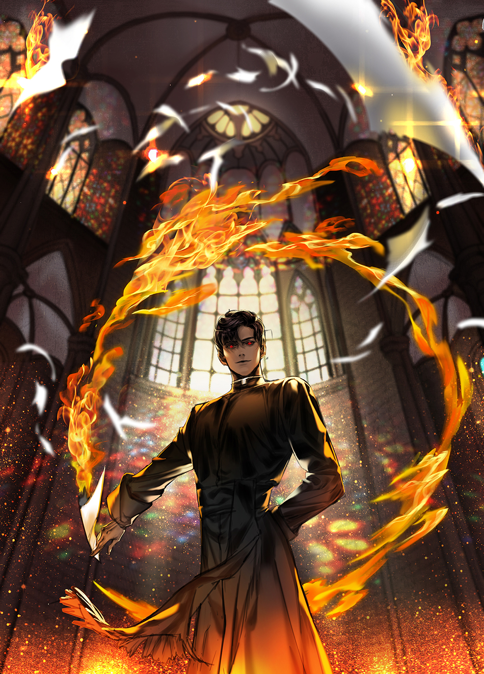 arm_behind_back black_hair church commentary cowboy_shot day glowing glowing_eyes habit highres holding indoors kei_(seona2020) looking_at_viewer magic male_focus original priest red_eyes smirk solo standing