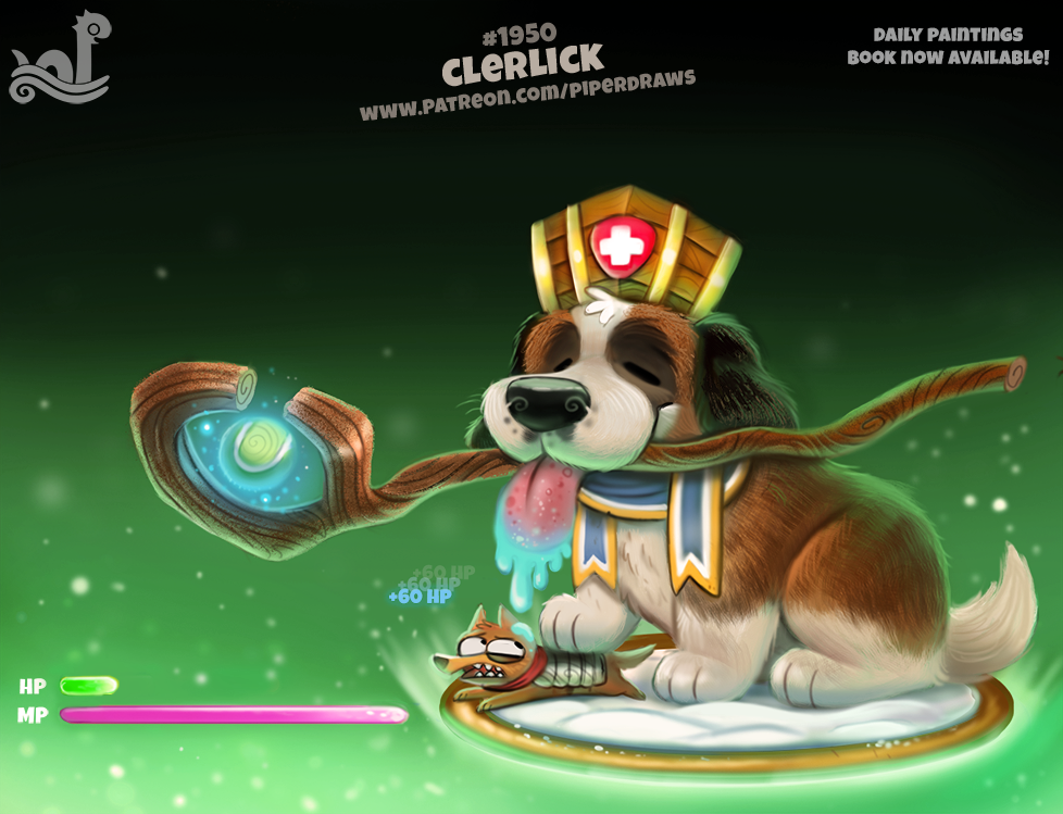 ambiguous_gender ball black_fur brown_fur canine cleric cryptid-creations disgust dog drooling duo eyes_closed feral fur green_background hat humor magic mammal pun saint_bernard saliva simple_background snow staff tennis_ball tongue tongue_out white_fur