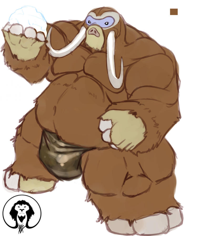 anthro belly big_bulge big_muscles brown_fur bulge clothing fur loincloth male mammal mamoswine muscular nintendo overweight pok&eacute;mon pok&eacute;mon_(species) porcine snow snowball stocky thick_thighs tusks video_games wooly xatanlion