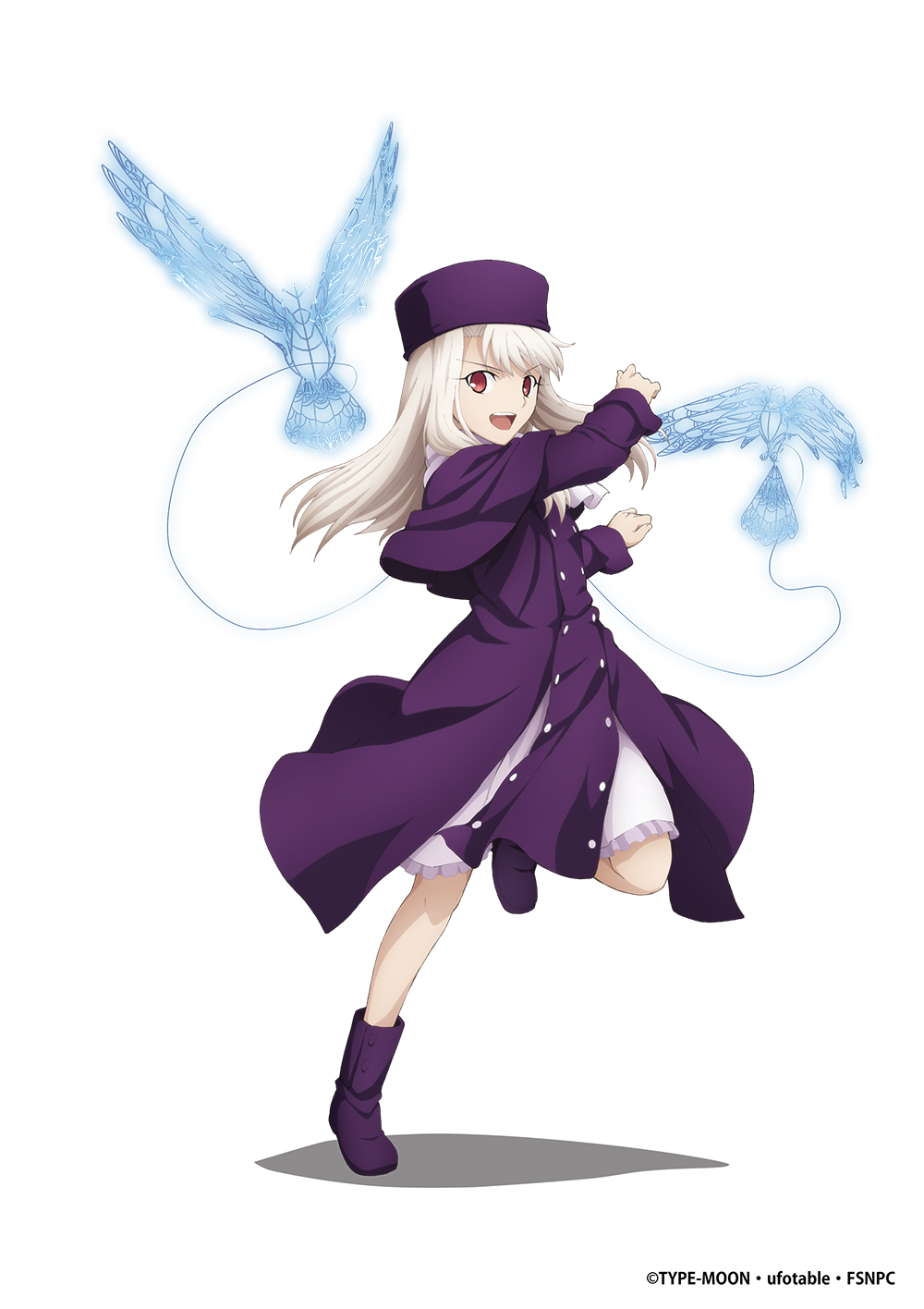 10s 1girl boots divine_gate fate/stay_night fate_(series) frilled_skirt frills full_body hat head_tilt illyasviel_von_einzbern long_hair looking_at_viewer official_art purple_footwear purple_hat red_eyes silver_hair skirt skirt_hold smile solo transparent_background ucmm white_skirt