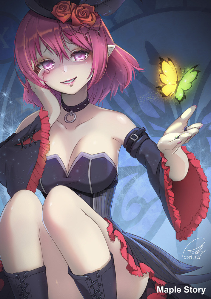 1girl bare_shoulders breasts bug butterfly dress flower hair_between_eyes hat hat_flower insect looking_at_viewer lucid maplestory open_mouth pink_hair short_hair smile