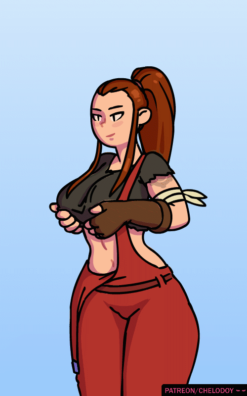 animated animated_gif areolae breasts breasts_apart brigitte_(overwatch) chelodoy grin large_breasts looking_at_viewer nipples no_bra overwatch ponytail shirt_lift smile solo