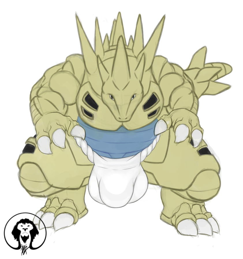 anthro anthrofied big_bulge big_claws big_muscles bulge claws clothed clothing crouching fundoshi japanese_clothing loincloth looking_at_viewer male muscular muscular_male nintendo pok&eacute;mon pok&eacute;mon_(species) reptile scalie solo spines thick_thighs topless tyranitar underwear video_games xatanlion