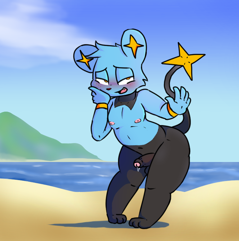 5_fingers anthro beach black_fur blue_fur blush fur girly humanoid_penis iguanasarecool island male nintendo nipples open_mouth penis pok&eacute;mon pok&eacute;mon_(species) precum sand sea seaside shinx solo thick_thighs video_games water wide_hips