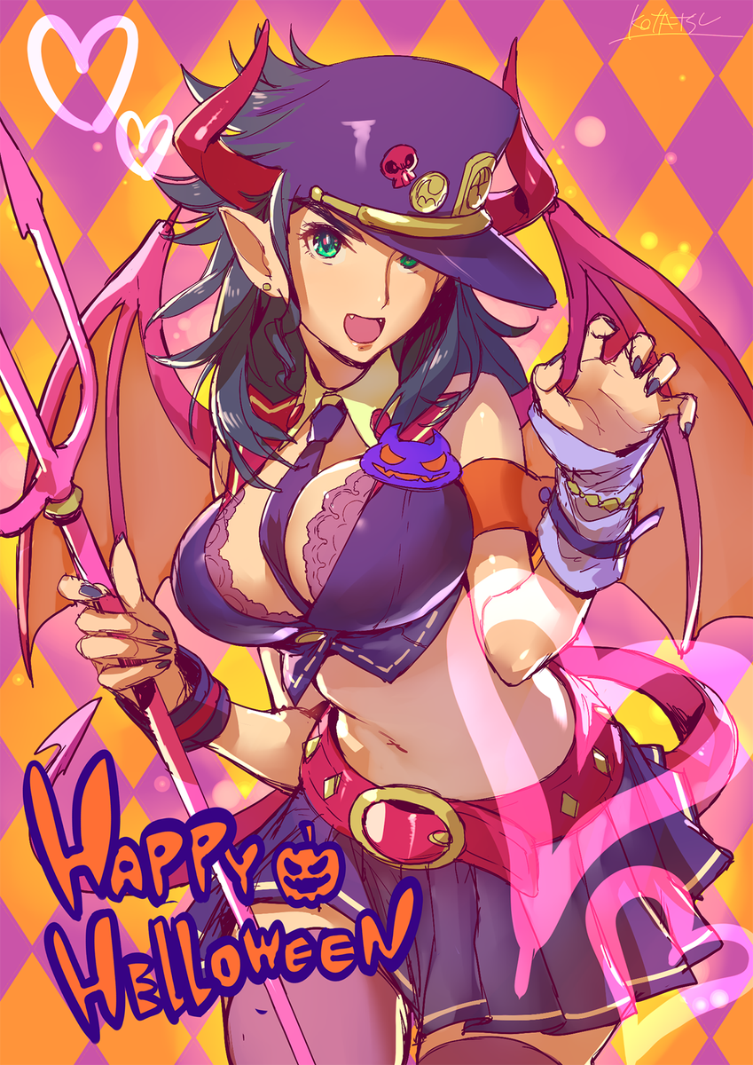 :d argyle argyle_background arm_warmers belt between_breasts black_nails blue_skirt breasts bright_pupils claw_pose cowboy_shot demon_girl demon_horns demon_tail demon_wings detached_collar english genderswap genderswap_(mtf) green_eyes halloween halloween_costume happy_halloween hat hat_pin highres holding holding_weapon horns jojo_no_kimyou_na_bouken kotatsu_(g-rough) kuujou_joutarou large_breasts looking_at_viewer multicolored multicolored_background nail_polish navel necktie necktie_between_breasts open_mouth peaked_cap pleated_skirt pointy_ears polearm purple_hat purple_legwear purple_neckwear skirt smile solo standing stardust_crusaders tail thighhighs trident two-tone_background weapon wing_collar wings