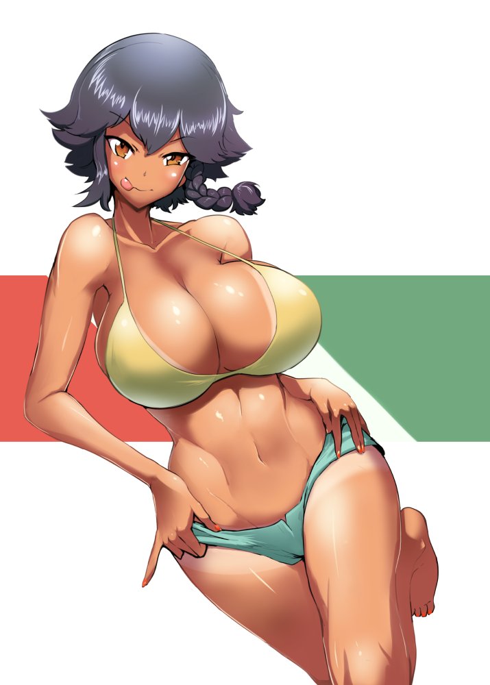 :q adjusting_bow bangs barefoot bikini bikini_shorts bikini_tan bow breasts cleavage closed_mouth commentary_request dutch_angle eyebrows_visible_through_hair flag_background girls_und_panzer green_bikini_bottom hands_on_hips huge_breasts italian_flag leg_up looking_at_viewer mismatched_bikini nail_polish naughty_face navel pepperoni_(girls_und_panzer) pink_nails sasaki_tatsuya short_hair shorts smile solo standing standing_on_one_leg swimsuit tan tanline tongue tongue_out v-shaped_eyebrows yellow_bikini_top