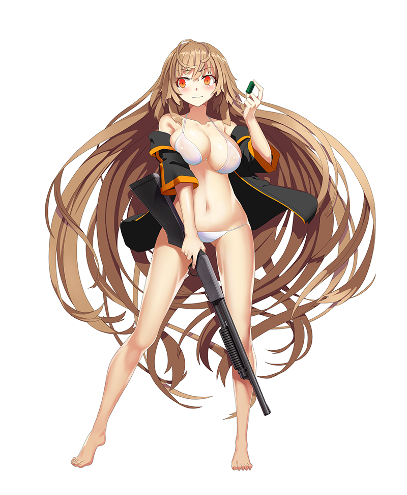 absurdly_long_hair bangs bare_legs bare_shoulders barefoot bikini blush breast_lift breasts brown_hair cleavage collarbone eyebrows_visible_through_hair floating_hair girls_frontline groin gun hair_between_eyes holding holding_gun holding_weapon ithaca_m37 ithaca_m37_(girls_frontline) jacket large_breasts long_hair looking_away lowleg lowleg_bikini navel off_shoulder open_clothes open_jacket orange_eyes pump_action shiny shiny_skin shotgun shotgun_shells sidelocks simple_background solo standing swimsuit thighs trigger_discipline very_long_hair vikpie weapon white_background white_bikini wind wind_lift