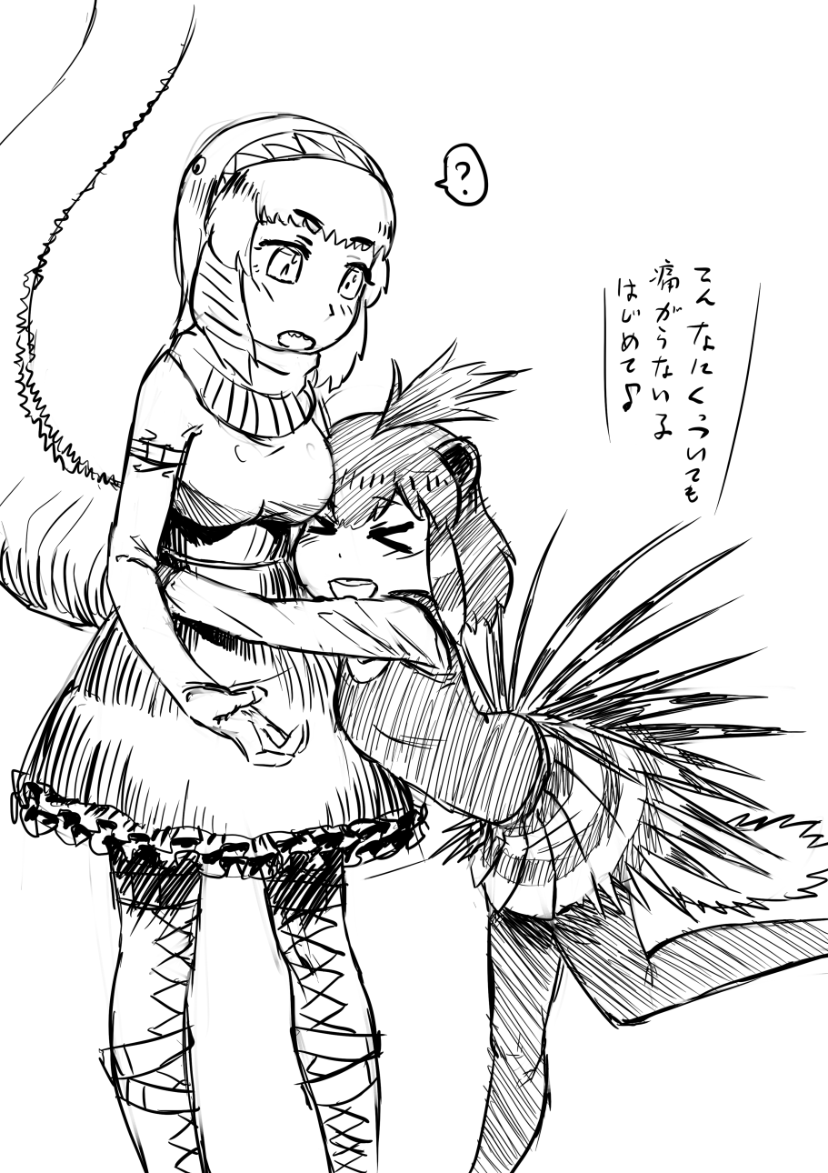 &gt;_&lt; ? animal_ears check_translation crested_porcupine_(kemono_friends) crossover eyebrows_visible_through_hair godzilla godzilla_(series) greyscale highres hug kemono_friends kishida_shiki monochrome multiple_girls pantyhose porcupine_ears shin_godzilla simple_background skirt spoken_question_mark tail translation_request