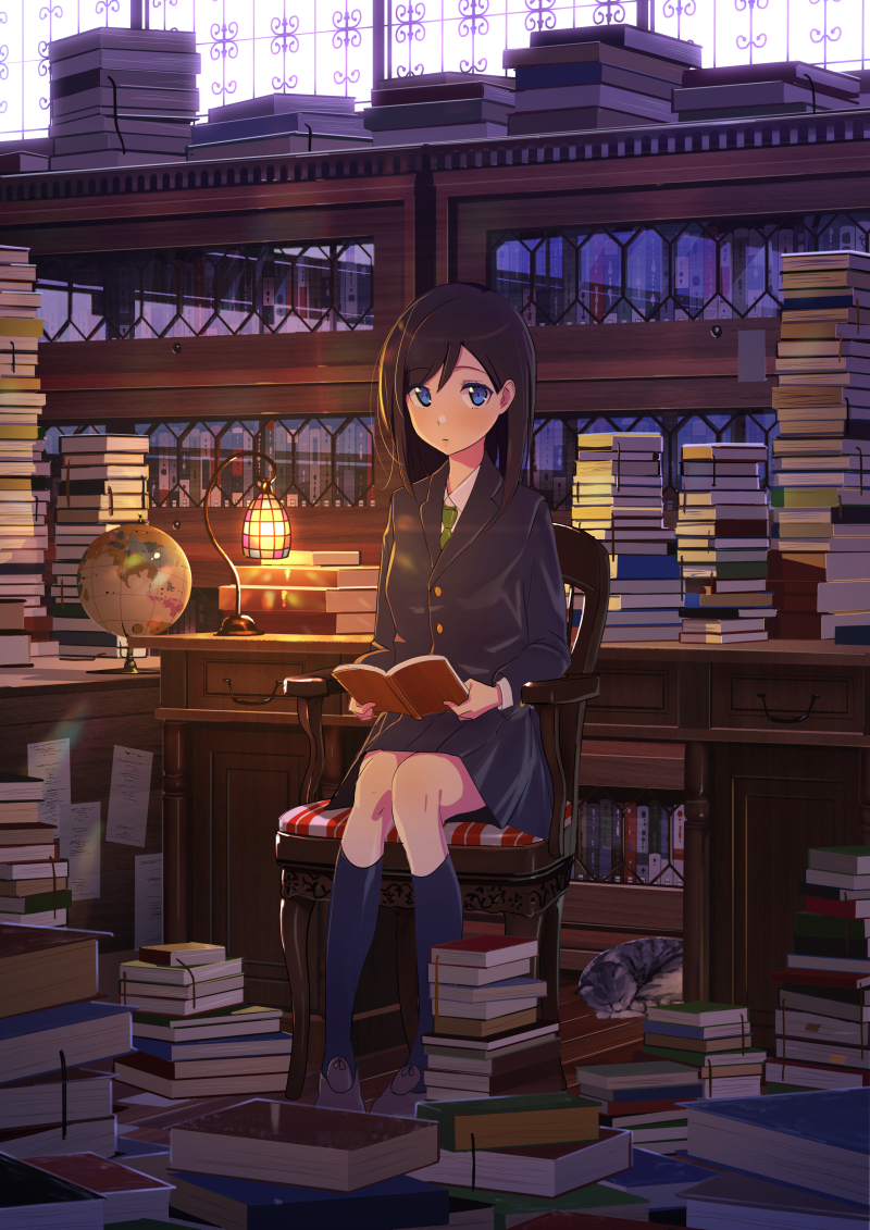 animal bad_id bad_pixiv_id bangs black_hair black_legwear blue_eyes book cat chair domo1220 eyebrows_visible_through_hair globe green_neckwear holding holding_book indoors jacket kneehighs lamp library long_hair long_sleeves looking_at_viewer necktie on_chair open_book original school_uniform shoes sitting skirt solo table window