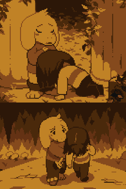 3_toes ambiguous_gender asriel_dreemurr balls boss_monster caprine clothed clothing digital_media_(artwork) duo eyes_closed feet fellatio fully_clothed hair human landscape leaves long_ears male mammal monochrome mountain oral pants_down partially_clothed penis pillars pixel_(artwork) sepia sex toby_fox toes tree undertale video_games young