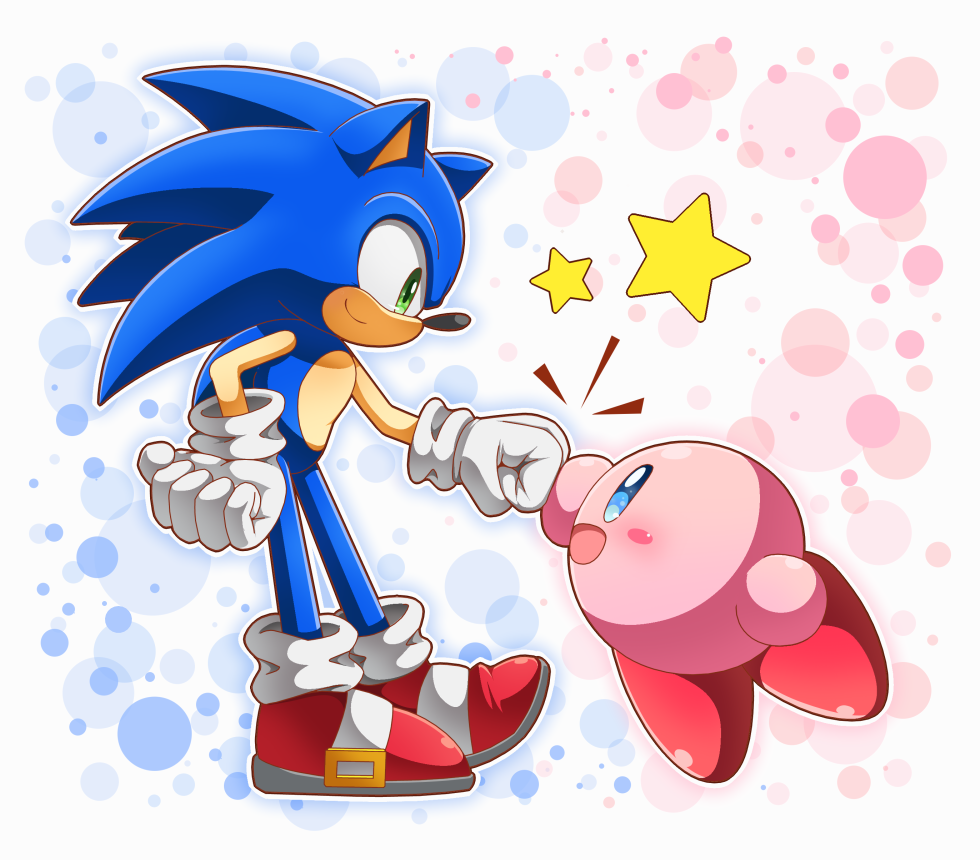 alien anthro black_nose blue_eyes blush clothing crossover duo footwear gloves green_eyes hedgehog kirby kirby_(series) male mammal nintendo open_mouth smile sonic_(series) sonic_the_hedgehog video_games waddling_head ねる
