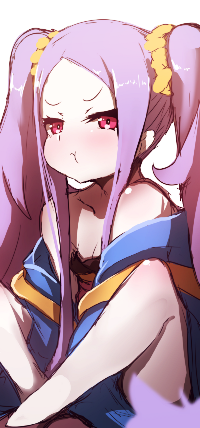 :t bad_id bad_pixiv_id bangs bare_shoulders blush chinese_clothes closed_mouth fate/grand_order fate_(series) forehead hair_ornament hair_scrunchie hanfu highres long_hair long_sleeves off_shoulder parted_bangs pout purple_eyes purple_hair scrunchie sidelocks simple_background sitting sketch solo twintails very_long_hair wada_kazu white_background wu_zetian_(fate/grand_order) yellow_scrunchie