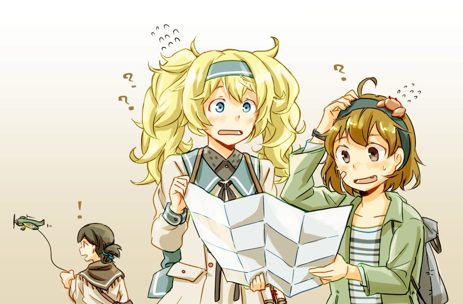 3girls ? aircraft airplane alternate_costume animal animal_on_head bandaid bandaid_on_face blonde_hair blue_eyes brown_eyes brown_hair casual commentary_request crab crab_on_head fang flying_sweatdrops folded_ponytail from_behind gambier_bay_(kantai_collection) gradient gradient_background hairband hand_on_own_head kantai_collection kasuga_maru_(kantai_collection) long_hair map_(object) multiple_girls oboro_(kantai_collection) on_head open_mouth shakeda_mamoshirou twintails