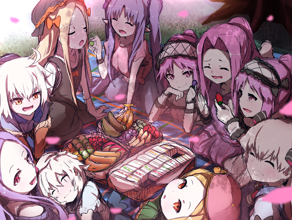 :d :o ^_^ abigail_williams_(fate/grand_order) ahoge alternate_costume alternate_hairstyle bad_id bad_pixiv_id banana bangs basket beret black_bow black_dress black_hat blanket blonde_hair blue_skirt bow brown_eyes caster_lily cherry closed_eyes closed_mouth day dress euryale eyebrows_visible_through_hair fate/extra fate/grand_order fate/stay_night fate_(series) feeding food fruit grin hair_between_eyes hair_bow hairband hat holding holding_food jack_the_ripper_(fate/apocrypha) jeanne_d'arc_(fate)_(all) jeanne_d'arc_alter_santa_lily lap_pillow long_hair long_sleeves lying medusa_(lancer)_(fate) multiple_girls nursery_rhyme_(fate/extra) on_side on_stomach open_mouth orange_bow outdoors parted_bangs parted_lips paul_bunyan_(fate/grand_order) petals picnic pink_hat pink_shirt purple_dress purple_eyes purple_hair rider sandwich seiza shirt short_sleeves sidelocks silver_hair sitting sketch skirt sleeveless sleeveless_dress smile stheno strapless strapless_dress strawberry striped striped_bow twintails very_long_hair wada_kazu white_dress white_hairband white_shirt wu_zetian_(fate/grand_order)