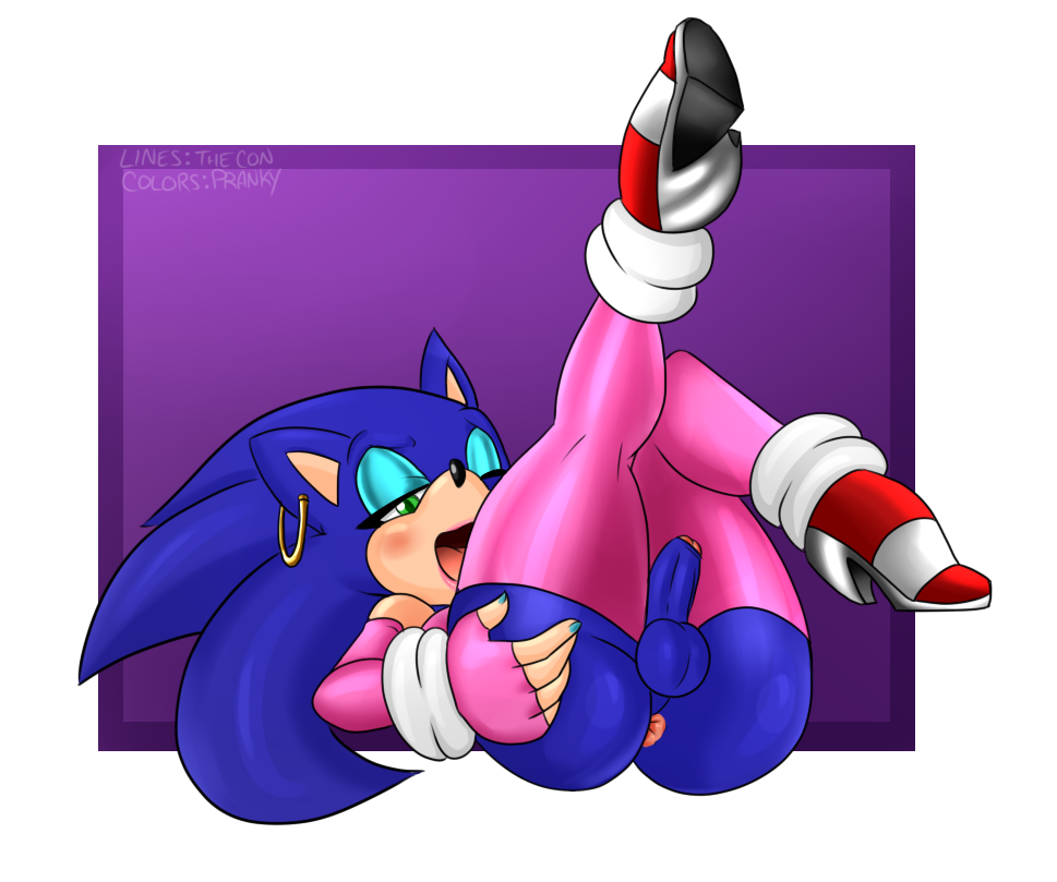 anthro anus armwear balls clothed clothing colored_nails crossdressing ear_piercing erection fingerless_gloves footwear girly gloves hedgehog high_heels humanoid_penis legwear lipstick low_res makeup male mammal penis piercing pranky shoes solo sonic_(series) sonic_the_hedgehog thecon thigh_highs uncut