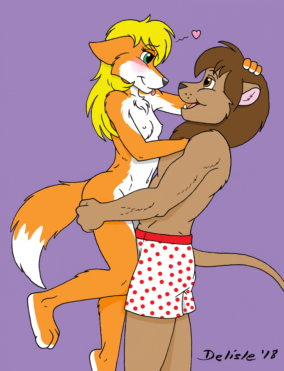 2018 3_toes anthro barefoot blonde_hair blush boxers_(clothing) breasts brown_fur brown_hair canine clothed clothing delisle duo feline female fox fur hair lion male male/female mammal navel nipples nude orange_fur toes tongue tongue_out topless underwear