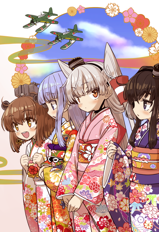 4girls aircraft aircraft_request airplane amatsukaze_(kantai_collection) bangs black_hair blue_eyes blue_hair blue_sky blunt_bangs brown_eyes brown_hair cloud commentary_request floral_print gradient_hair hair_tubes hat hatsukaze_(kantai_collection) headgear headset japanese_clothes kantai_collection kimono long_hair mini_hat monaka_ooji multicolored_hair multiple_girls open_mouth pink_kimono print_kimono purple_kimono short_hair short_hair_with_long_locks sidelocks silver_hair sky smile speaking_tube_headset tokitsukaze_(kantai_collection) two_side_up upper_teeth windsock yellow_kimono yukikaze_(kantai_collection)