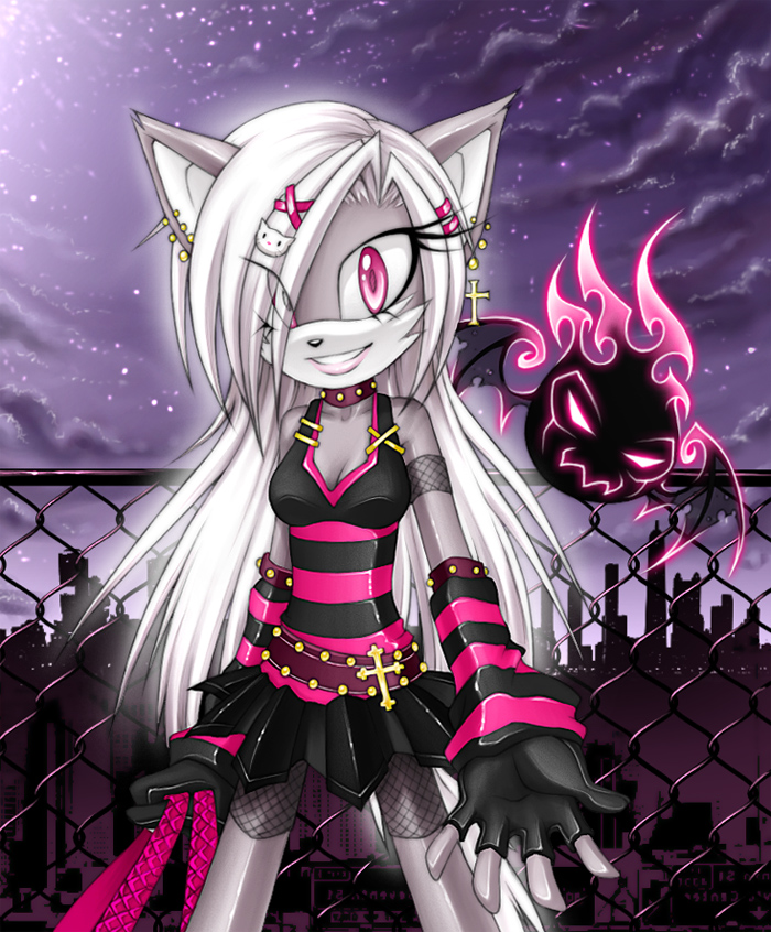 ambiguous_gender ann-jey belt canine clothed clothing collar cross demon dress duo ear_piercing emo female fishnet fur goth grey_fur jewelry keitronic leather_belt lipstick looking_at_viewer makeup mammal necklace piercing pink_eyes skimpy smile valerie_veronica_winchester whip wolf
