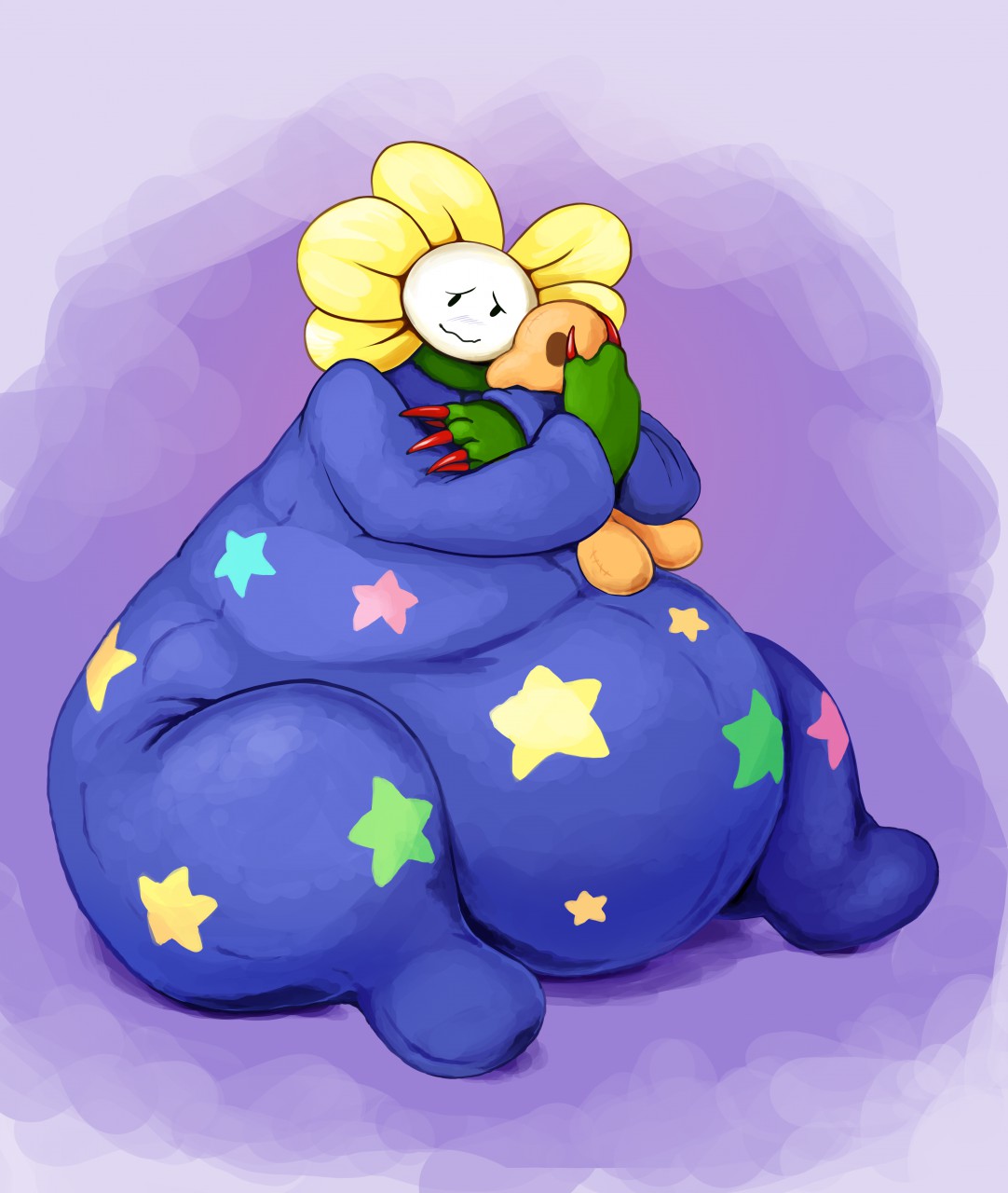 2018 belly big_belly claws clothed clothing digital_media_(artwork) featherhead flora_fauna flower flowey_the_flower hi_res hyper hyper_belly male not_furry obese overweight plant red_claws simple_background solo thick_thighs toy undertale video_games