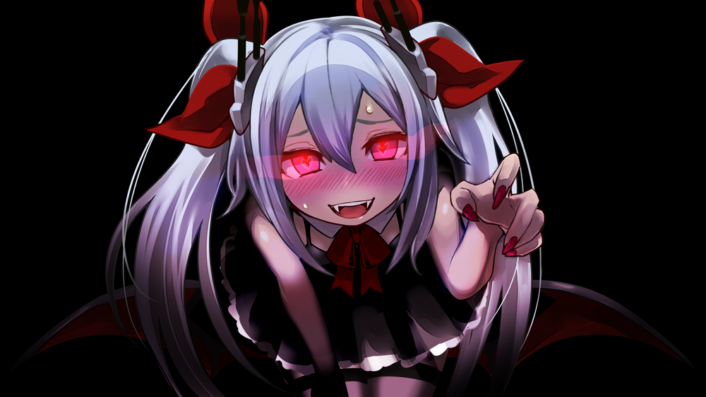 :d azur_lane bangs bare_shoulders bat_wings bent_over black_background black_dress blush bow bowtie claw_pose detached_collar dress fangs fingernails hair_between_eyes hair_ornament hair_ribbon hand_up heart heart-shaped_pupils hiromotohiroki long_fingernails long_hair looking_at_viewer low_wings nail_polish nose_blush open_mouth pink_eyes red_bow red_nails red_neckwear red_ribbon ribbon sharp_fingernails silver_hair simple_background smile solo sweat symbol-shaped_pupils teeth tongue turret twintails vampire_(azur_lane) wings