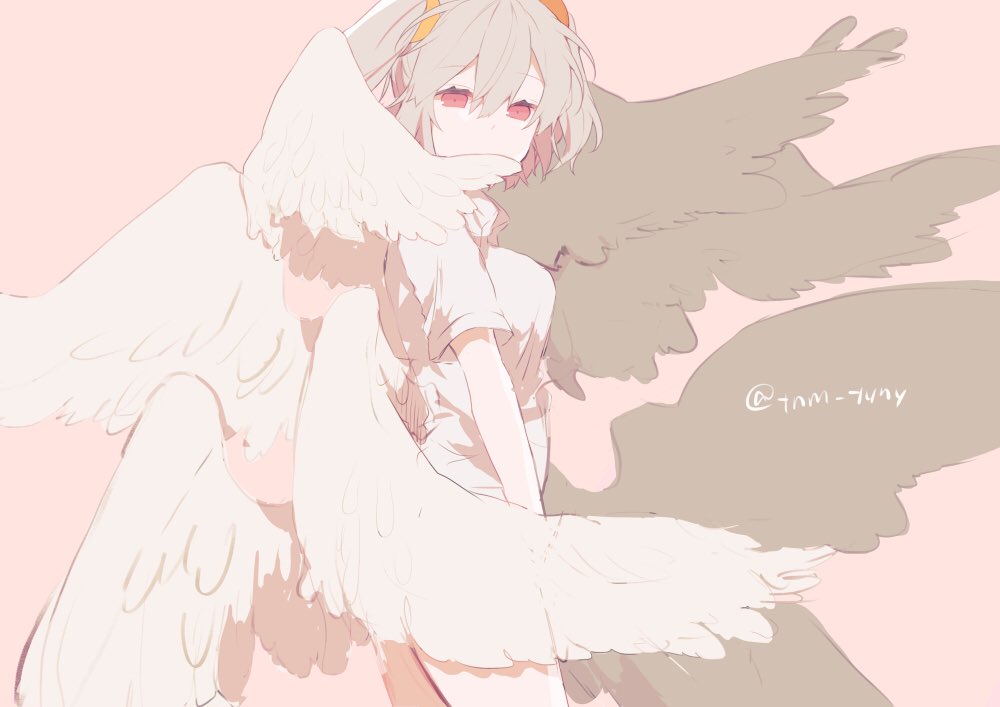 angel_chromosome_xx angel_wings bad_id bad_twitter_id commentary_request from_side grey_hair ikeuchi_tanuma looking_at_viewer looking_to_the_side multiple_wings neon_genesis_evangelion pink_background red_eyes seraph shirt short_hair short_sleeves simple_background solo standing tabris tabris-xx twitter_username two_side_up white_shirt wings