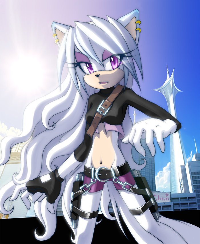 ann-jey belt city clothed clothing ear_piercing female fingerless_gloves gloves gun hair handgun hedgehog hegehog holsters jen-jen21 leather leather_belts looking_at_viewer makeup mammal piercing pistol purple_eyes ranged_weapon rubber skimpy solo spandex tight_clothing weapon white_fluff white_hair