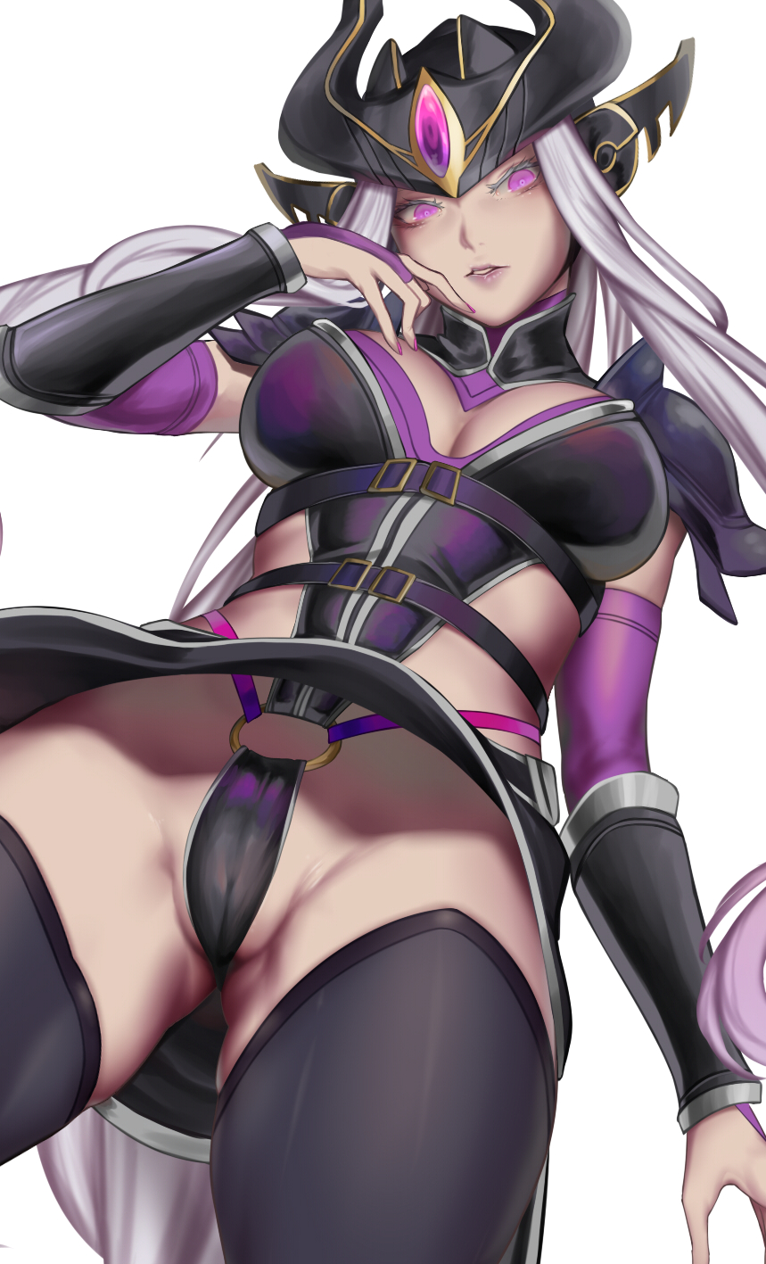 cameltoe cleavage from_below helmet highres kumiko_shiba league_of_legends long_hair medium_breasts nail_polish parted_lips purple_eyes syndra thighhighs upskirt white_hair