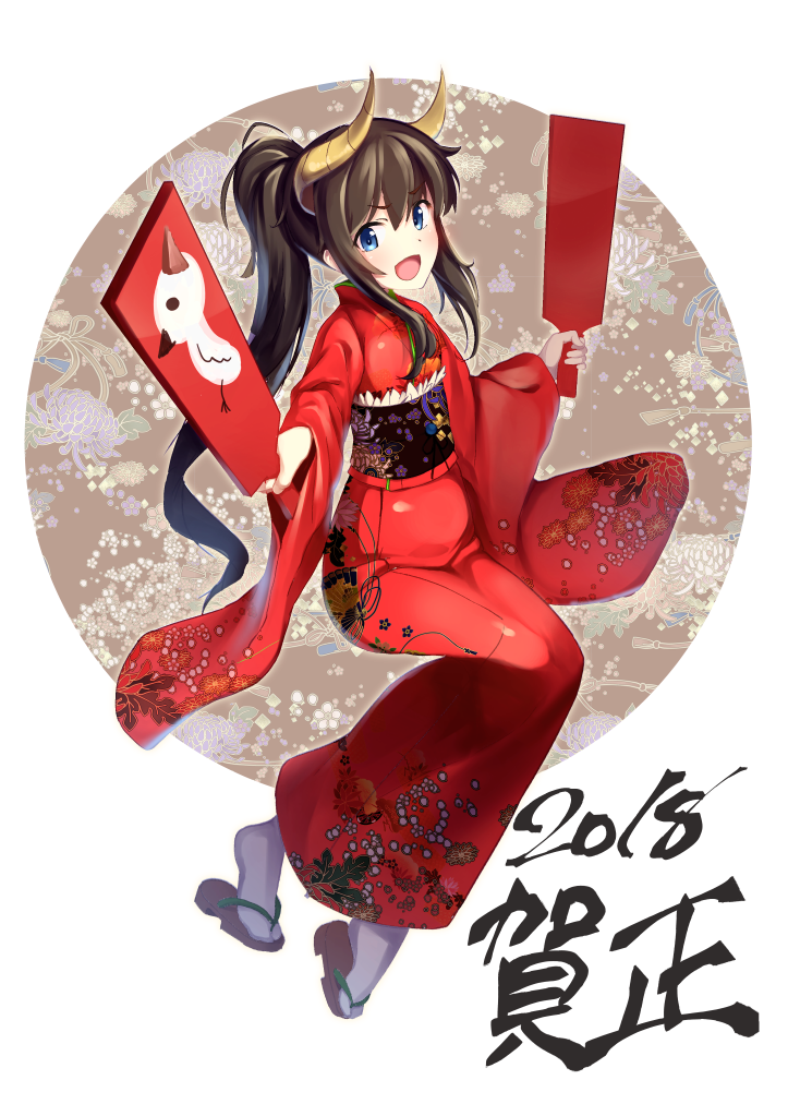 2018 :d bangs blue_eyes blush brown_footwear brown_hair chocola-chan chocola_flex commentary_request curled_horns eyebrows_visible_through_hair hagoita hair_between_eyes holding horns japanese_clothes kimono long_hair long_sleeves looking_at_viewer obi open_mouth original paddle ponytail print_kimono red_kimono sash sidelocks smile socks solo tabi v-shaped_eyebrows very_long_hair white_background white_footwear wide_sleeves zouri