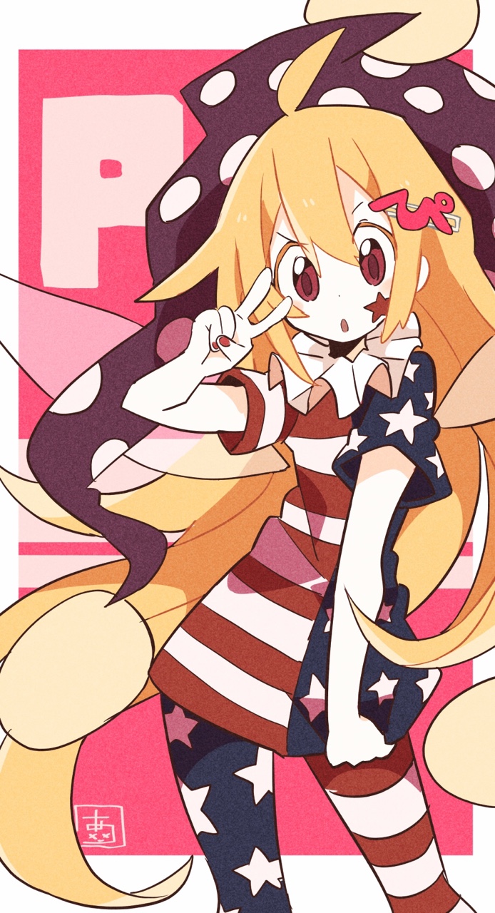 :o aida_(aidia) american_flag_dress american_flag_legwear blonde_hair clownpiece contrapposto cowboy_shot dress facial_mark fingernails hand_up hat highres jester_cap long_hair nail_polish neck_ruff pantyhose polka_dot purple_hat red_eyes red_nails short_dress short_sleeves solo standing star star_print striped striped_dress striped_legwear touhou v very_long_hair