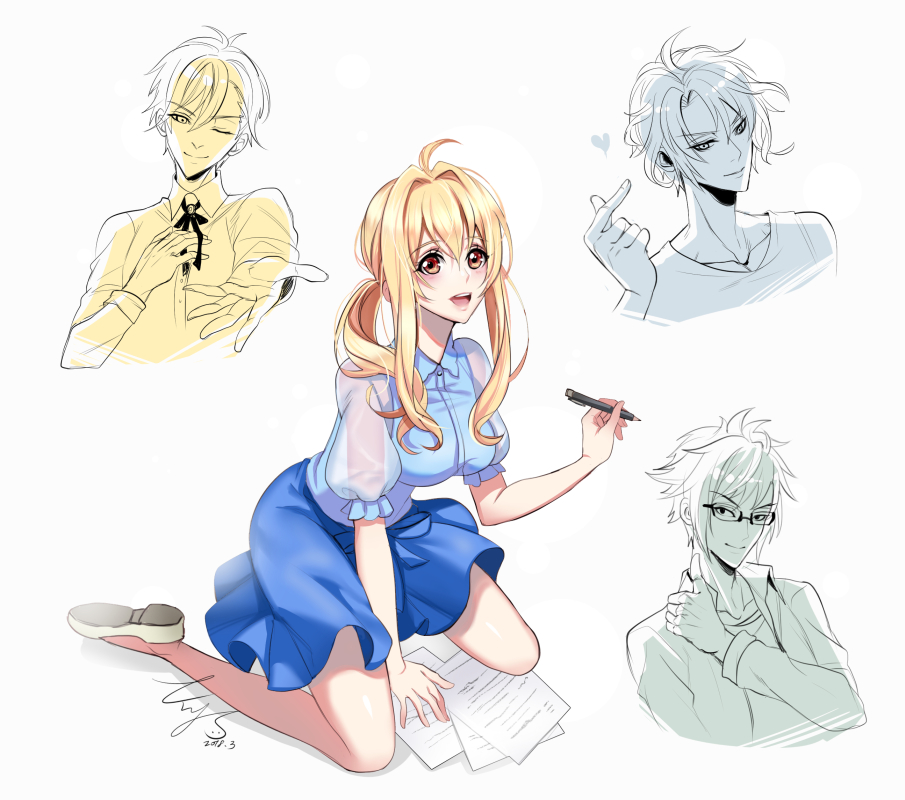 3boys :d ;) ahoge blonde_hair blue_skirt brown_eyes glasses heart idolish_7 kneeling krys long_hair looking_at_viewer multiple_boys nikaido_yamato one_eye_closed open_mouth outstretched_hand paper pencil ponytail rokuya_nagi see-through signature skirt smile takanashi_tsumugi yaotome_gaku