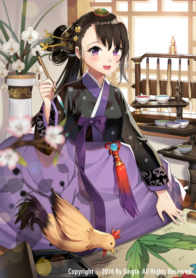 bad_id bad_pixiv_id bangs bird blurry blush blush_stickers bow bowl brown_hair carchet chicken commentary copyright_name day ears_visible_through_hair flower hair_between_eyes hair_ornament hairband holding indoors korean_clothes long_hair looking_at_viewer multicolored open_mouth original purple_bow purple_eyes sid_story solo table tassel vase windowsill worms
