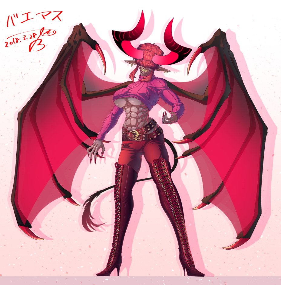2018 4_fingers abs belt big_breasts boots breasts brown_skin claws clothed clothing colored_nails demon ear_piercing female footwear grin hair hair_over_eyes horn humanoid japanese_text karatachi legwear membranous_wings muscular muscular_female pants piercing pointy_ears red_hair sharp_teeth short_hair signature smile tail_tuft teeth text thigh_high_boots translation_request tuft wings