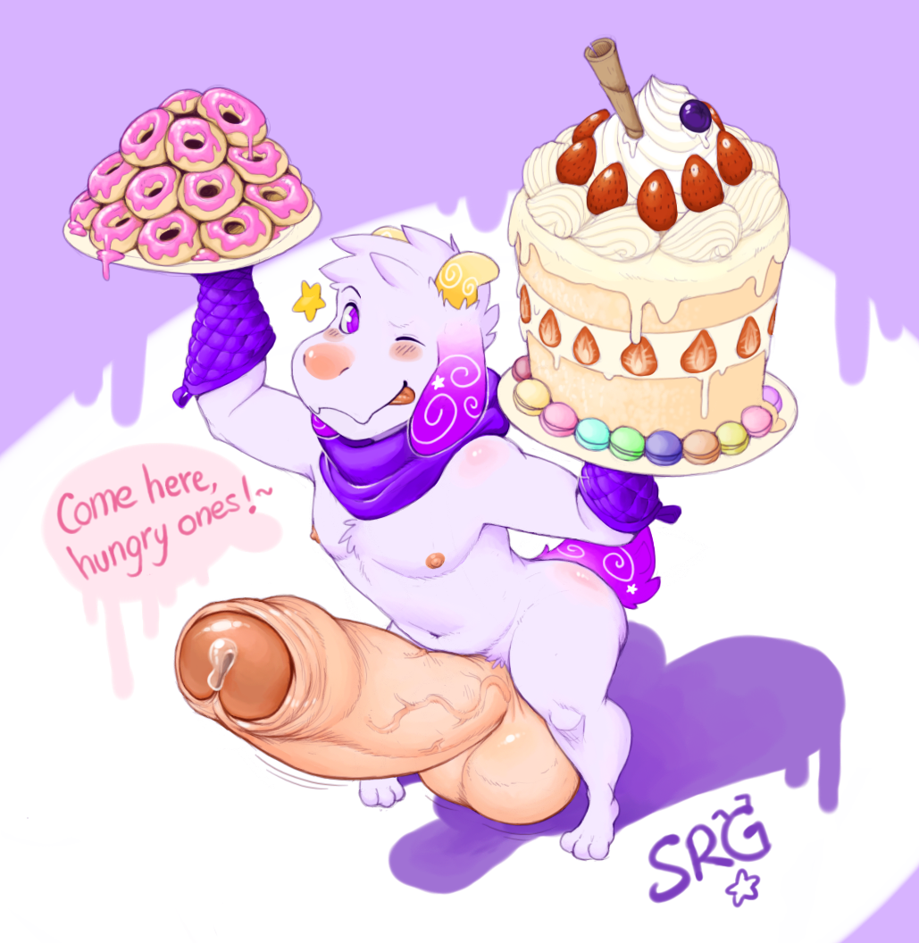 anthro balls big_balls blush cake caprine cum doughnut english_text erection food goat huge_balls humanoid_penis hyper hyper_balls hyper_penis looking_at_viewer male mammal penis plate precum smile smolrainbowgoat solo standing text tongue tongue_out uncut vein