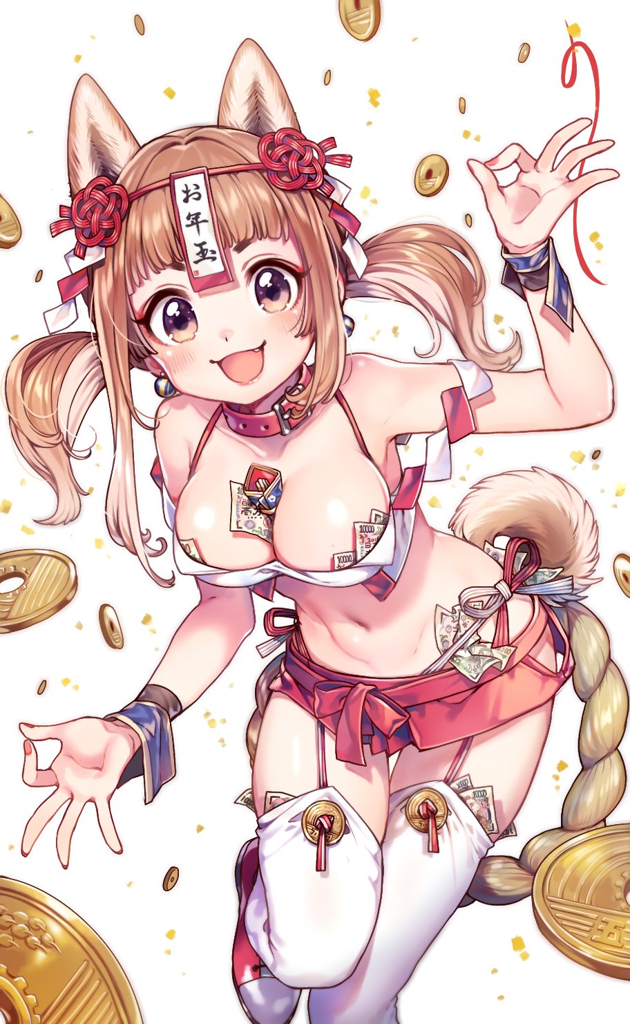 :d animal_ears bangs between_breasts bikini_top blush breasts brown_eyes brown_hair chinese_zodiac cleavage coin collar commentary_request confetti dog_ears double_ok_sign earrings fang flower_knot garter_straps highres jewelry medium_breasts microskirt midriff money money_hold nail_polish navel new_year ofuda ok_sign open_mouth original purple_eyes red_collar red_footwear red_nails red_skirt ribbon rojiko shide shoes sidelocks skirt smile sneakers solo standing standing_on_one_leg stripper thighhighs twintails white_legwear wrist_cuffs year_of_the_dog yen