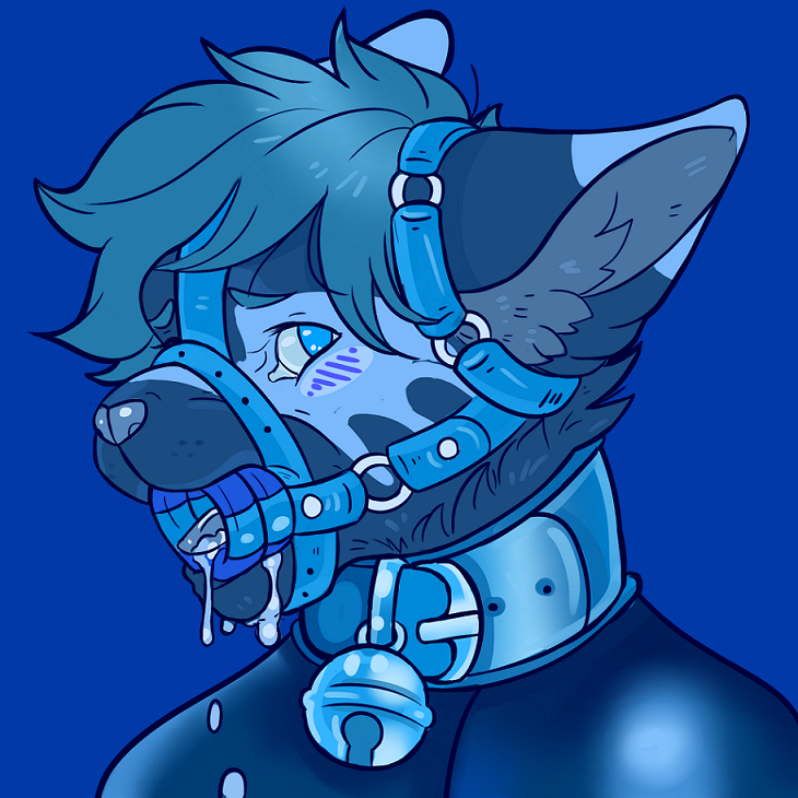 2017 anthro bdsm bell blue_background blue_eyes blue_pupils blush bodysuit bondage bound cat clothing collar digital_drawing_(artwork) digital_media_(artwork) drooling feline fur gag gagged hair harness_ring_gag looking_at_viewer male mammal markings muzzle_(object) muzzled noahsense open_mouth ring_gag rubber saliva sige simple_background skinsuit solo tight_clothing