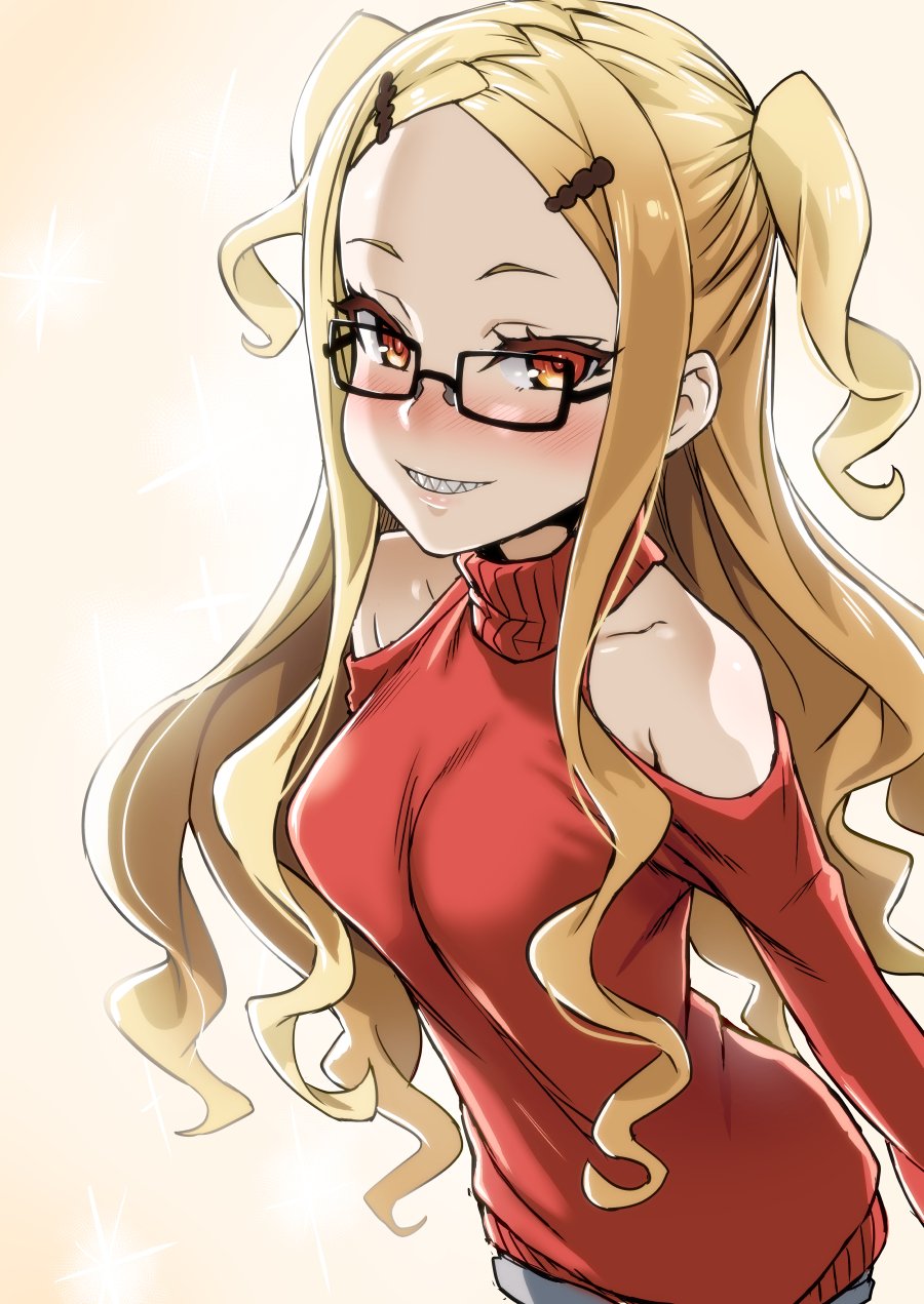 asanagi bare_shoulders black-framed_eyewear blonde_hair blush breasts commentary_request forehead glasses hair_ornament hairclip highres long_hair long_sleeves looking_at_viewer medium_breasts orange_eyes red_sweater ryuuou_no_oshigoto! sainokami_ika sharp_teeth shoulder_cutout smile solo standing sweater teeth two_side_up