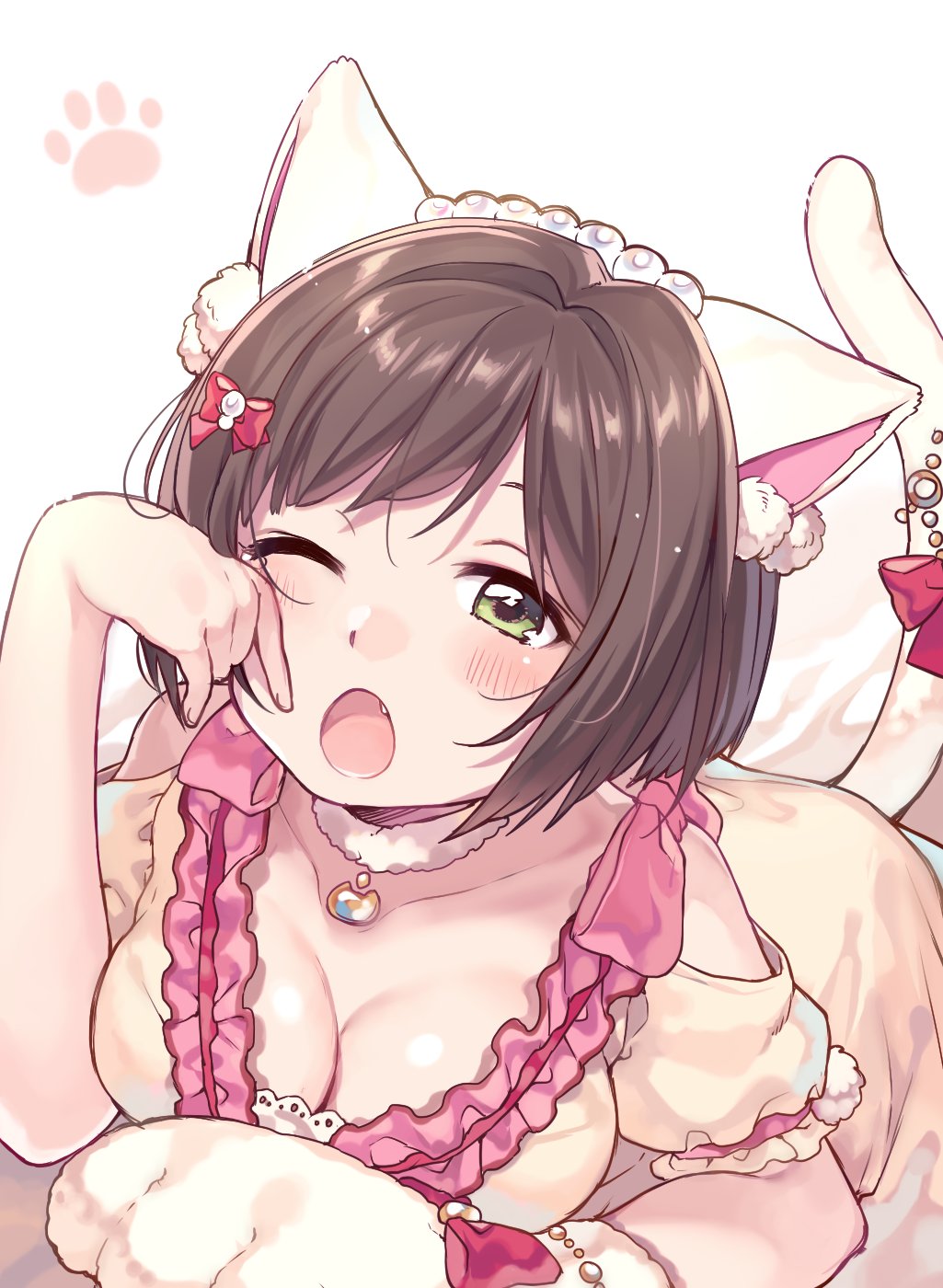 ;o \m/ animal_ears bangs blush bow breasts brown_hair cat_ears choker cleavage fang frilled_sleeves frills gloves green_eyes hair_bobbles hair_bow hair_ornament highres idolmaster idolmaster_cinderella_girls jewelry lying maekawa_miku medium_breasts on_stomach one_eye_closed open_mouth paw_gloves paw_print paws pearl rojiko short_hair shoulder_cutout single_glove solo tail tail_bow