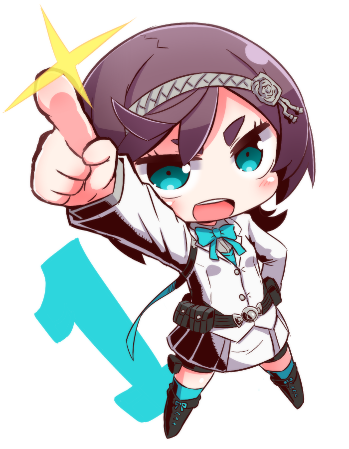 1girl 7th_dragon_(series) 7th_dragon_iii :d aqua_eyes arm_up bangs black_footwear blue_bow blue_legwear blue_vest blush boots bow brown_hair chibi collared_shirt commentary_request full_body grey_hairband grey_shirt hairband jacket knee_boots long_sleeves looking_at_viewer naga_u open_mouth pointing pointing_up round_teeth samurai_(7th_dragon_iii) shirt short_eyebrows simple_background skirt smile solo standing teeth thick_eyebrows thighhighs thighhighs_under_boots upper_teeth vest white_background white_jacket white_skirt