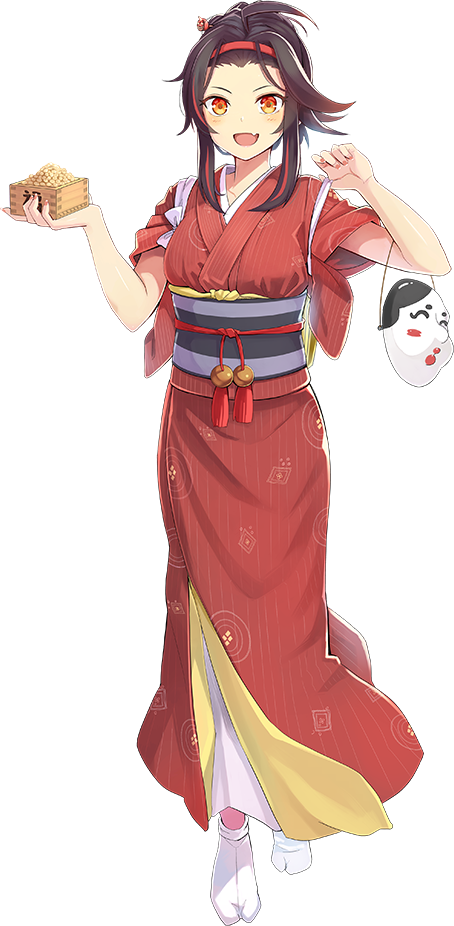 :d ahoge black_hair emerane full_body hairband holding japanese_clothes looking_at_viewer mamemaki mask mask_removed masu official_art onigajo_(oshiro_project) open_mouth oshiro_project oshiro_project_re red_hairband smile solo soybean tabi transparent_background