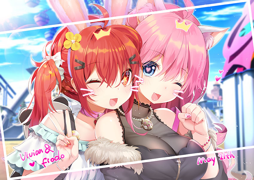 2girls ;d ahoge animal_ear_fluff animal_ears bare_shoulders blue_eyes bunny_ears cat_ears choker commentary eyebrows_visible_through_hair fake_animal_ears fang flower hair_flower hair_ornament hair_scrunchie hairband hairclip heart heart-shaped_pupils jewelry looking_at_viewer multiple_girls mvv nail_polish necklace one_eye_closed open_mouth original pink_choker pink_hair pink_nails red_eyes red_hair red_nails scrunchie smile symbol-shaped_pupils symbol_commentary v vivian_(mvv) white_scrunchie