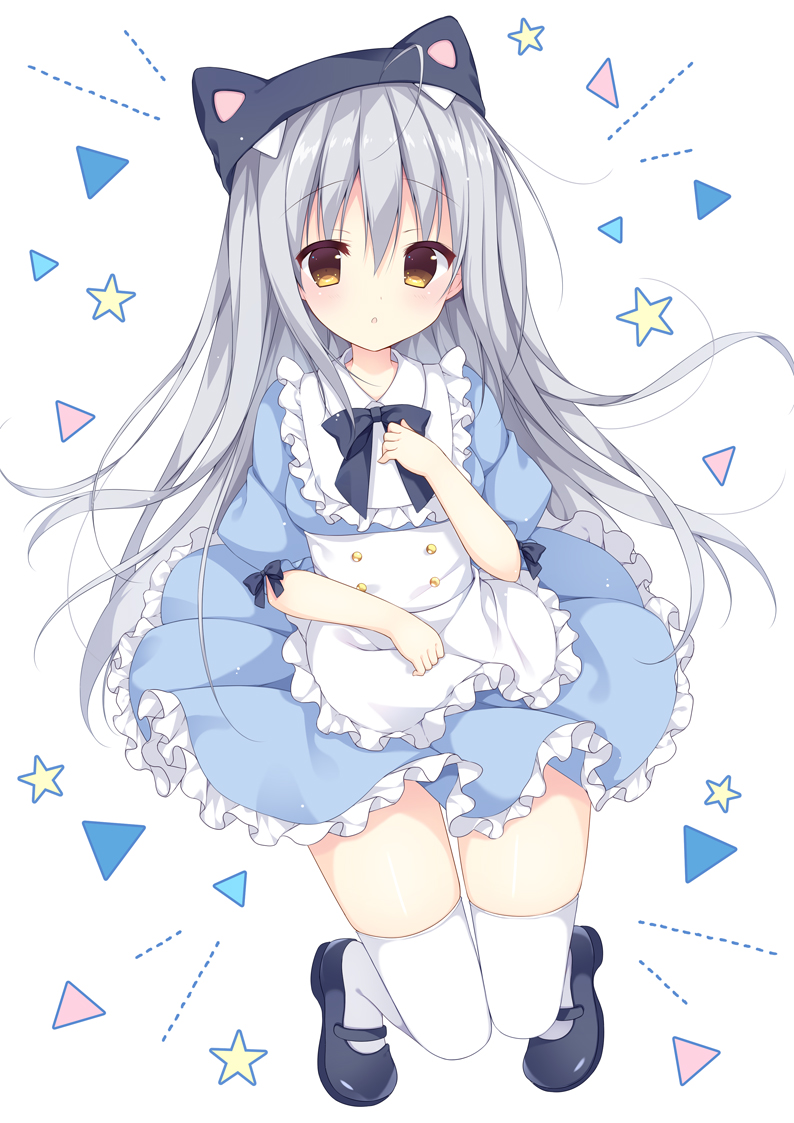 1girl ahoge animal_ears animal_hat apron bangs black_bow black_footwear black_hat blue_dress blush bow brown_eyes cat_ears cat_hat commentary_request dress eyebrows_visible_through_hair frilled_apron frilled_dress frills full_body grey_hair hair_between_eyes hand_up hat izuminanase long_hair looking_at_viewer mary_janes original parted_lips pleated_dress puffy_short_sleeves puffy_sleeves shoes short_sleeves simple_background solo star thighhighs very_long_hair waist_apron white_apron white_background white_legwear zettai_ryouiki