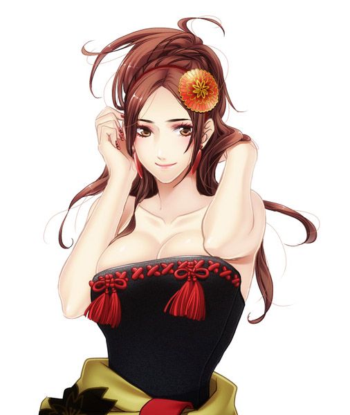 adjusting_hair artist_request bare_arms bare_shoulders black_tubetop breasts brown_eyes brown_hair cleavage closed_mouth collarbone earrings exposed_shoulders eyeshadow female floating_hair hair_ornament hair_up hands_up jewelry kai kaihime large_breasts lips lipstick long_hair looking_at_viewer makeup nail_polish neck pink_lipstick sengoku_musou sengoku_musou_3 smile solo strapless tubetop upper_body white_background