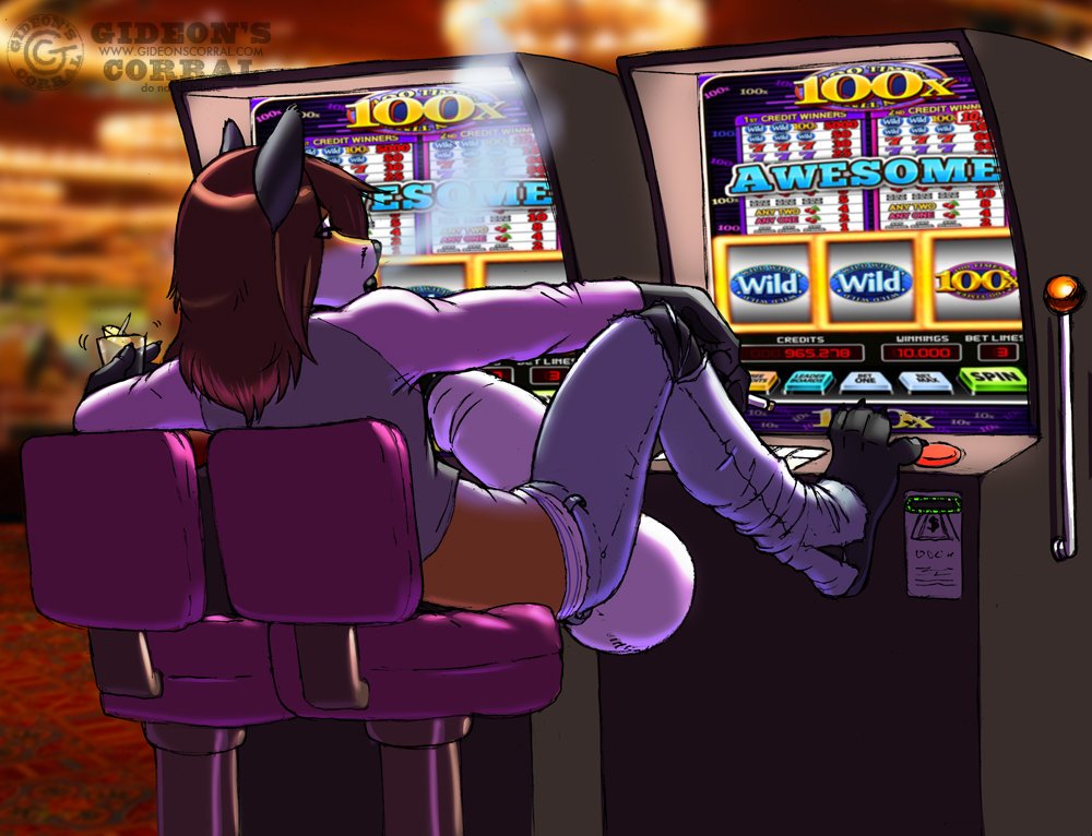 balls beverage canine casino cigarette clothing cox erection fox gambling gideon hi_res hyper hyper_penis male mammal penis slot_machine smoking solo