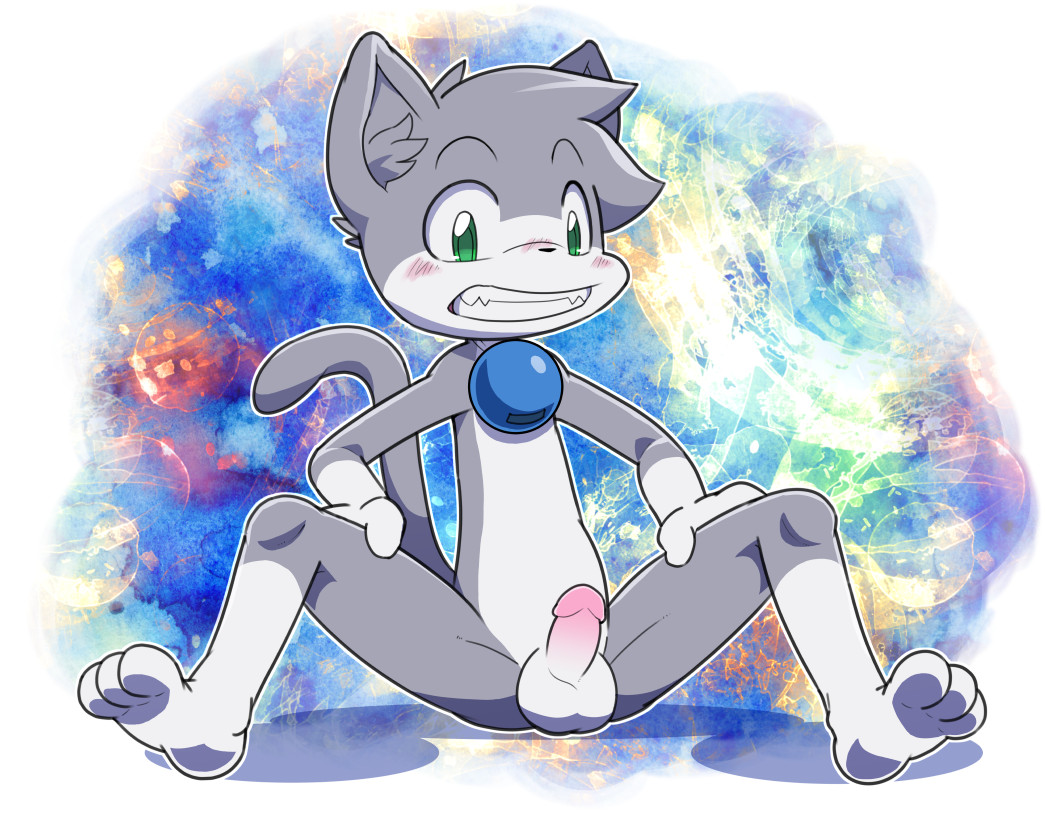 abstract_background anthro balls blush cat collar erection feet feline fur green_eyes grin humanoid_penis inner_ear_fluff jinglebell leo_(vg_cats) looking_at_viewer male mammal nude ofuro penis presenting sitting smile solo spread_legs spreading vg_cats